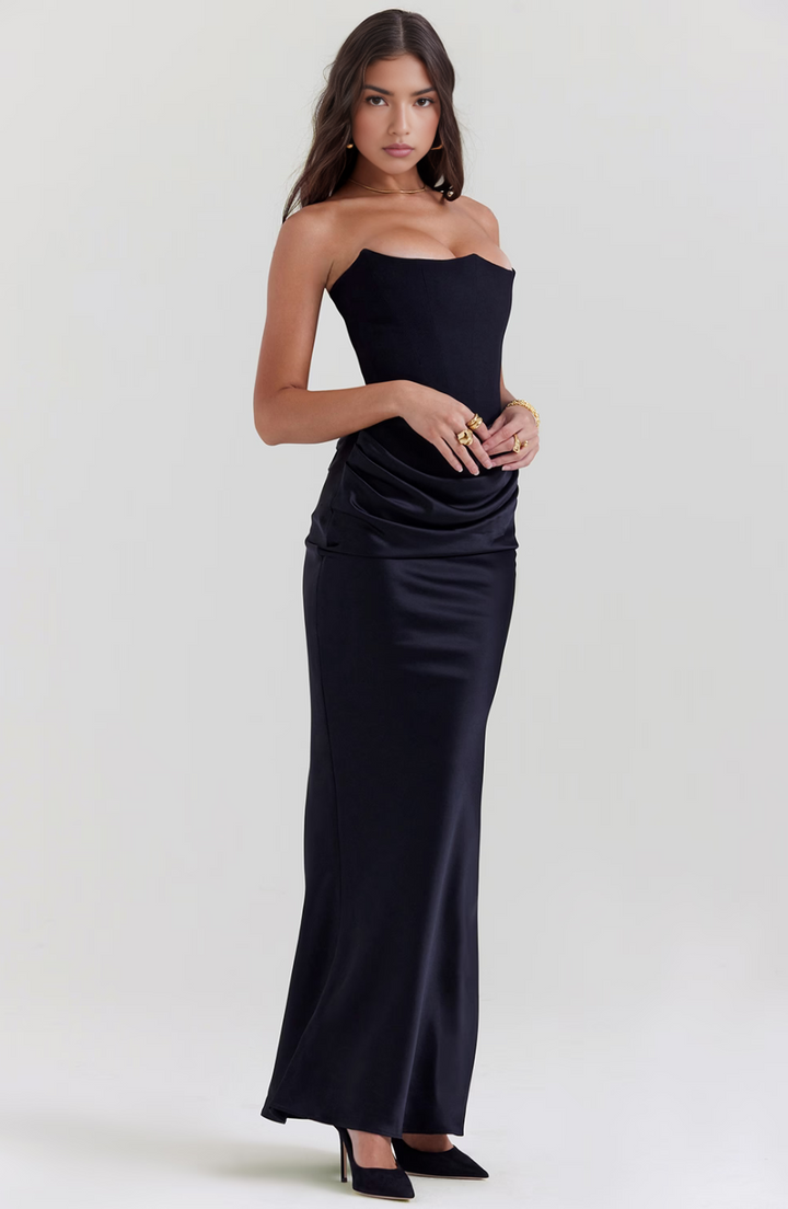 Opulent strapless corset maxi dress, perfect for luxurious formal evening wear and events.