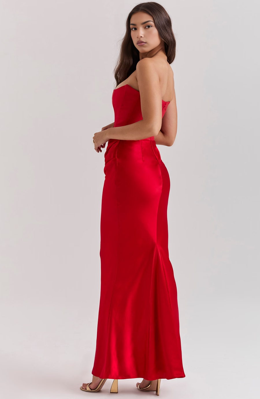 Women's sophisticated strapless corset maxi dress, the ultimate wedding guest and gala attire.