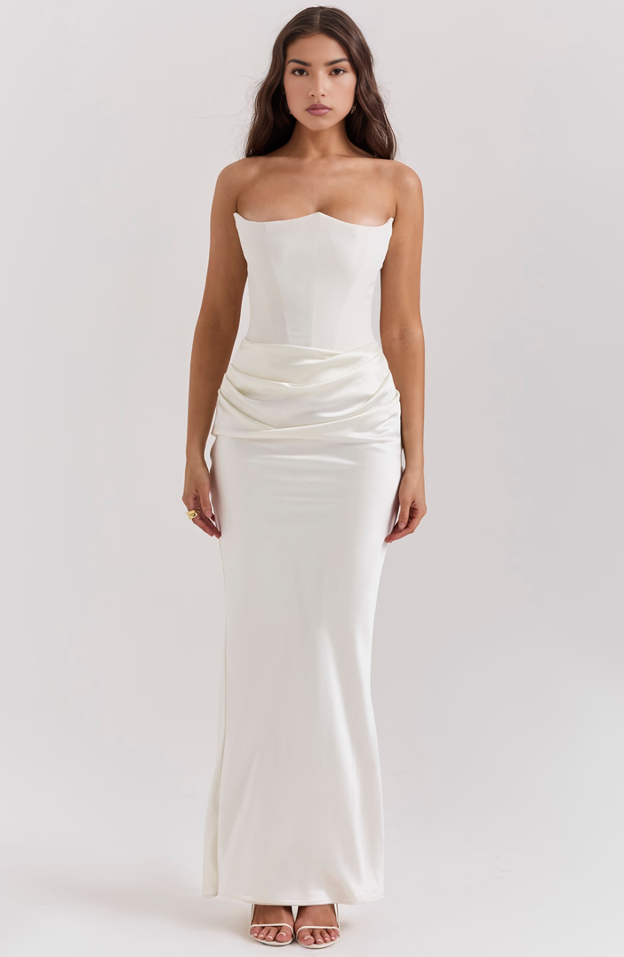 Beautiful strapless corset maxi dress for women, perfect for weddings and formal parties.