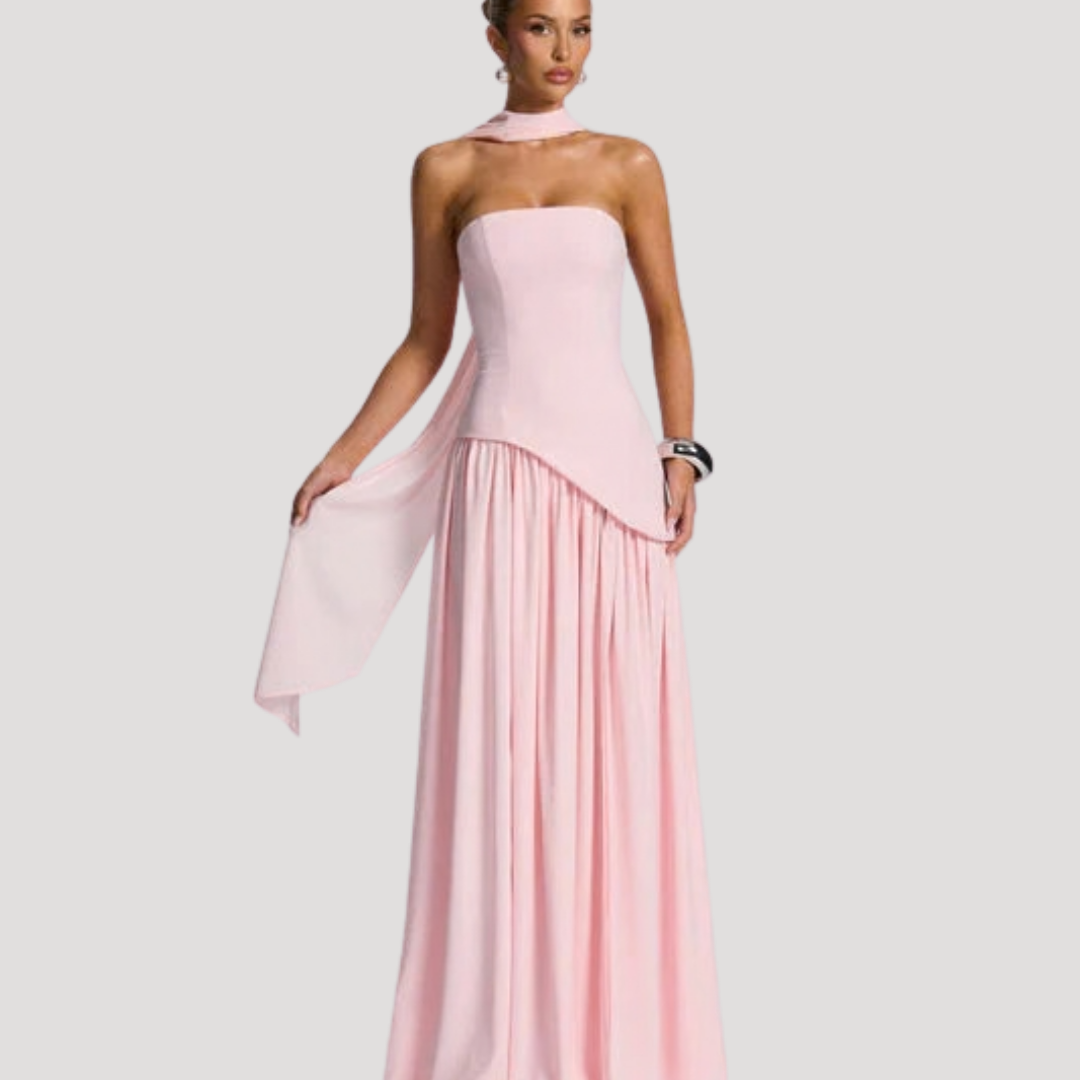Formal evening wear: elegant strapless pleated maxi dress, perfect for women's galas.