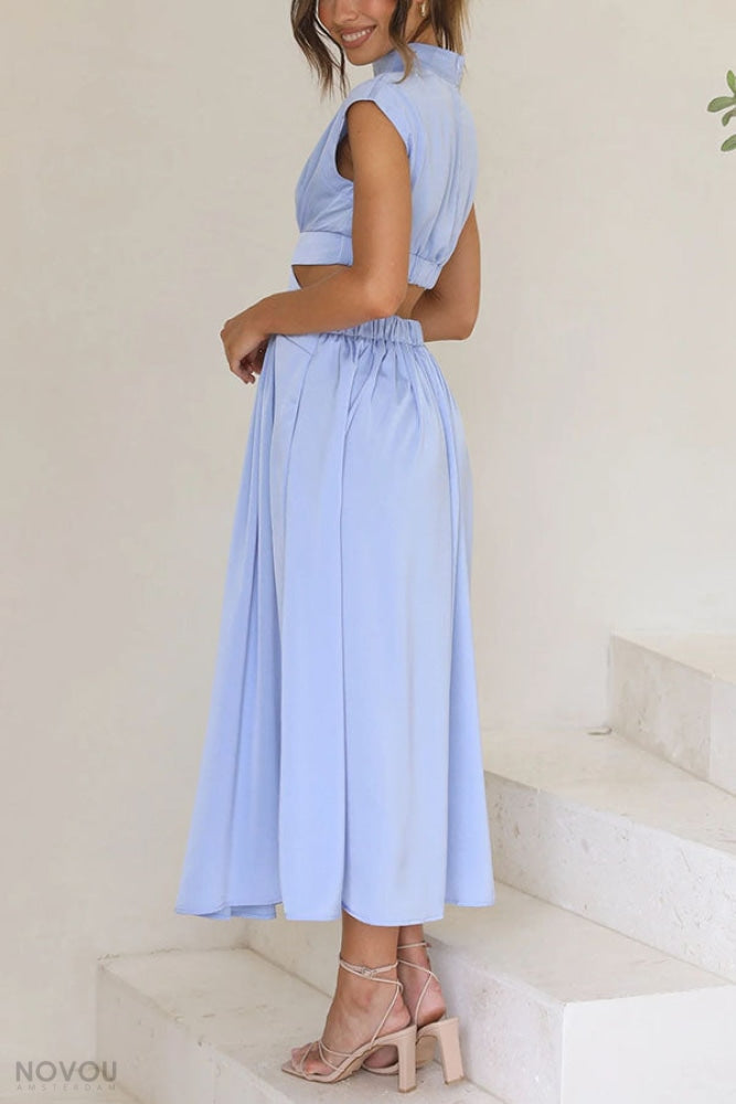 Chic Avelina midi dress for women, flattering fit with a stand neck and stylish cut-out.