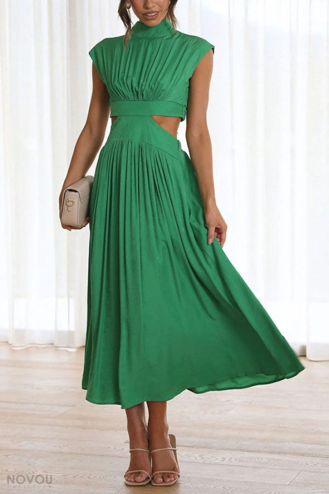Sleeveless women's midi dress, elegant design with a fashionable waist cut-out & stand neck.