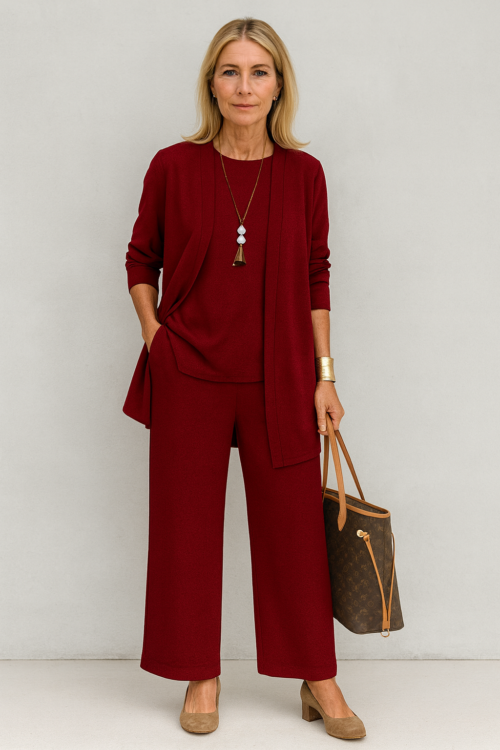 Stylish women's 3-piece pantsuit. Business casual outfit with an elegant look.