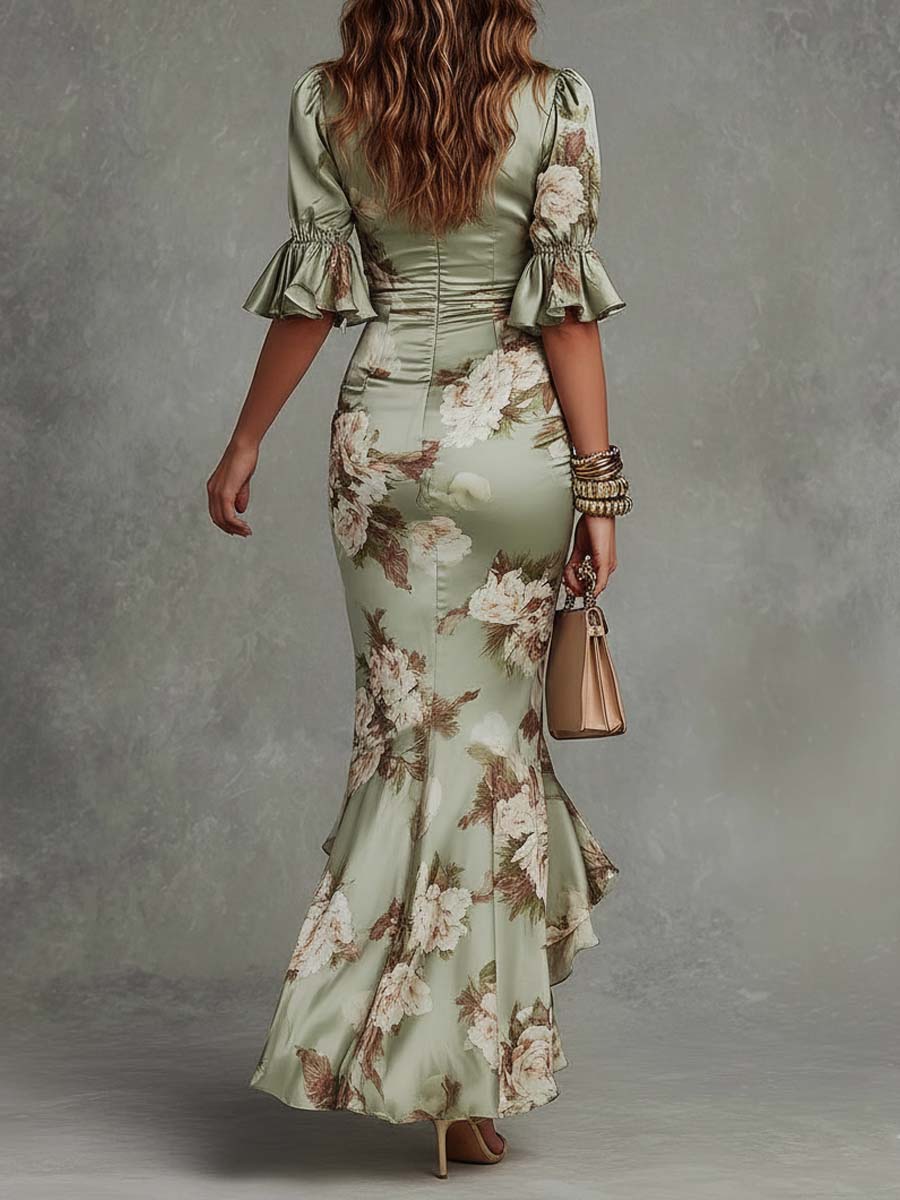 Vibrant green asymmetrical maxi dress for women, a flowing gown with an elegant silhouette for any event.