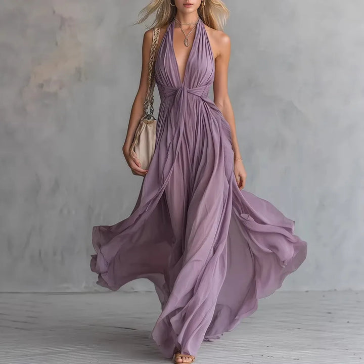 Elegant women's backless halter maxi dress with flowing silhouette, perfect for evening parties & formal events.