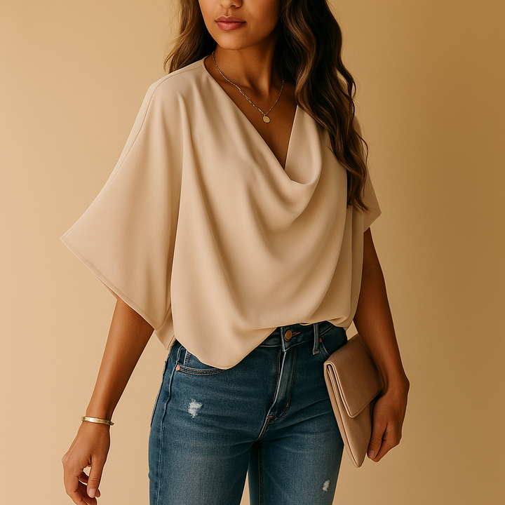 Versatile women's batwing V-neck shirt, ideal for elegant office wear or comfortable summer fashion.