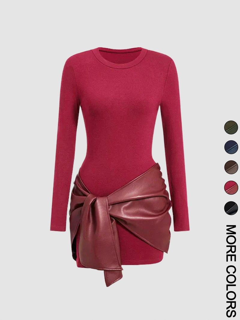 Elegant women's black knit midi dress with faux leather tie waist, perfect for fall cocktail events.