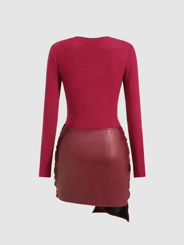 Sophisticated women's dress: knit midi with a unique faux leather tie, ideal for fall and winter events.