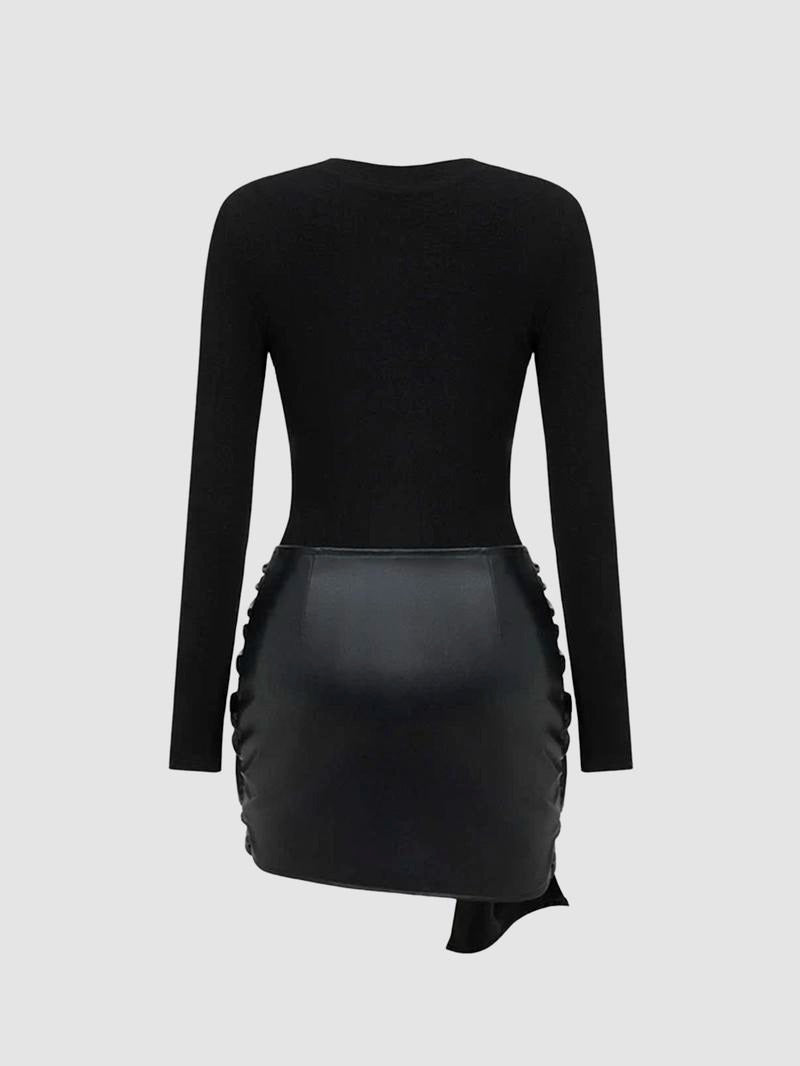 Versatile women's black knit midi dress, designed with an elegant faux leather tie for a polished finish.