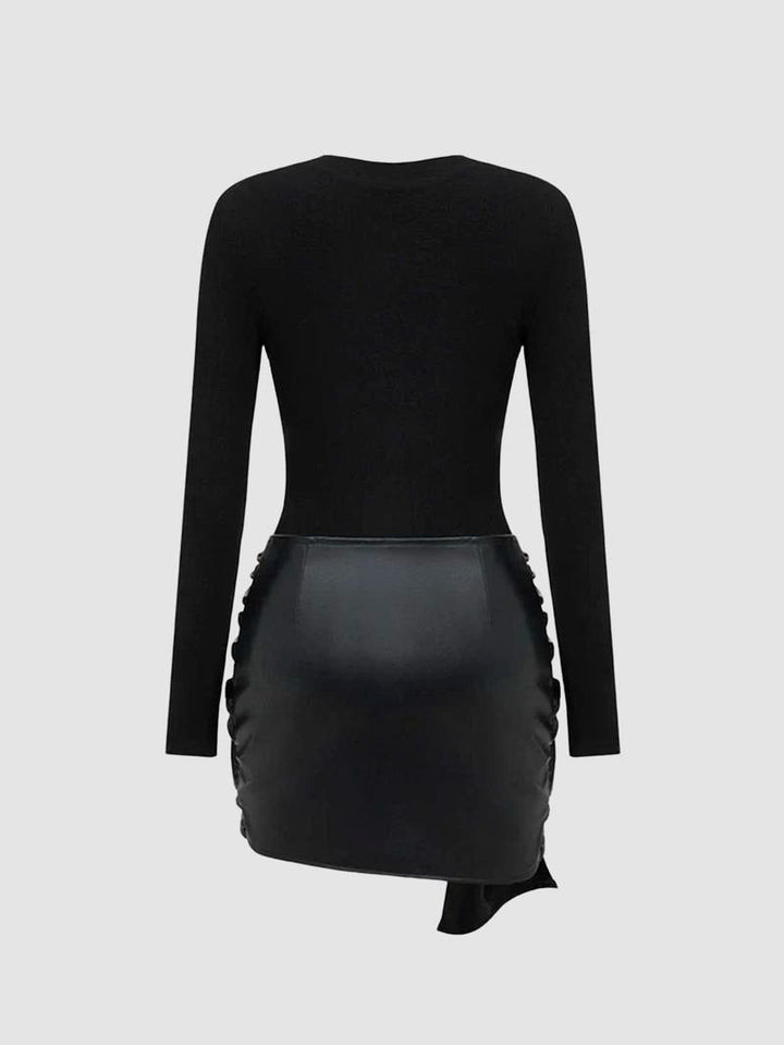 Versatile women's black knit midi dress, designed with an elegant faux leather tie for a polished finish.