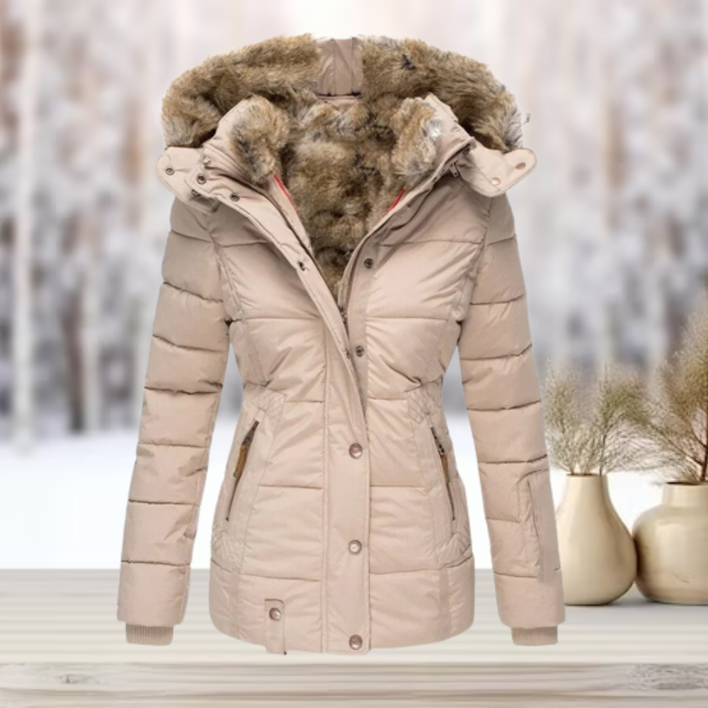 Close-up of a warm women's puffer jacket with soft faux fur lining on the hood
