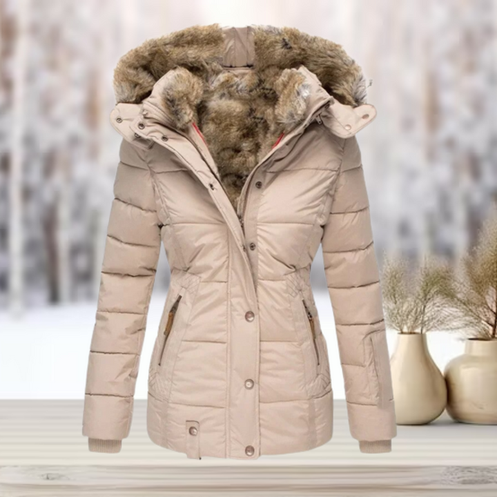 Close-up of a warm women's puffer jacket with soft faux fur lining on the hood