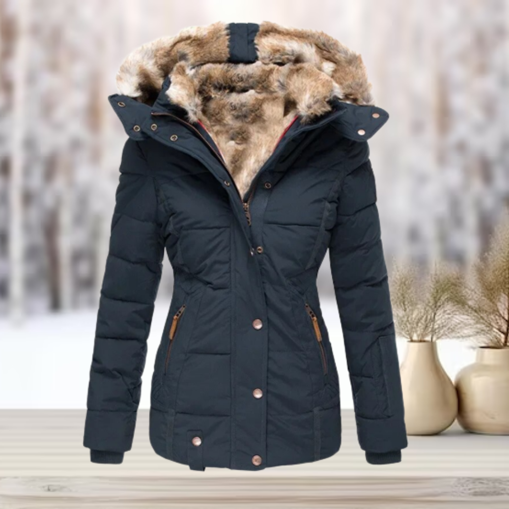Stylish women's hooded puffer jacket, long sleeve, ideal casual outerwear for cold weather