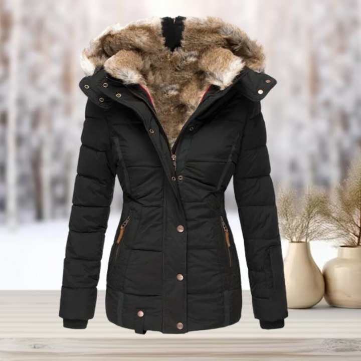 Full view of women's winter coat, black, insulated, with a cozy faux fur-lined hood