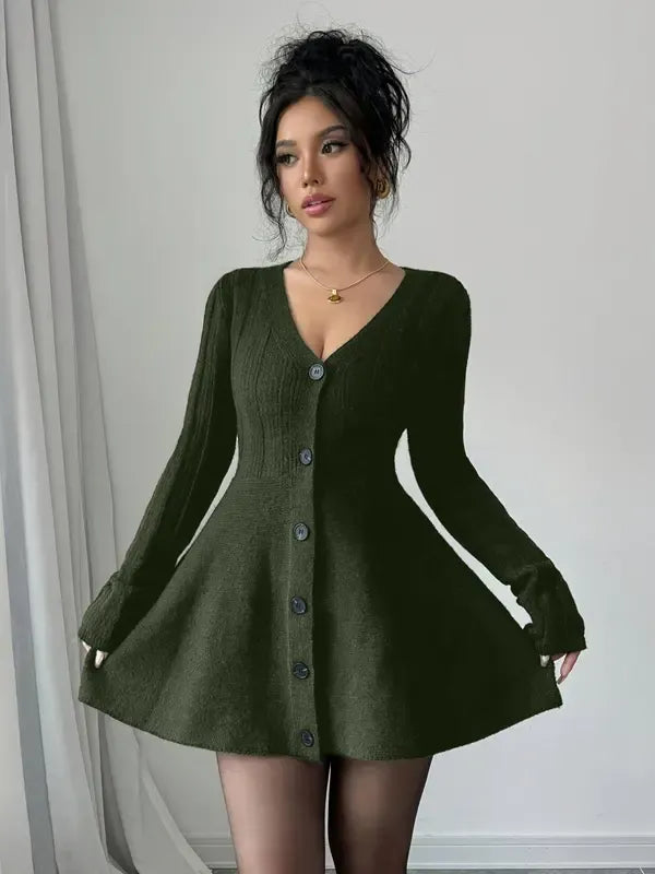 Women's stylish long-sleeve knit mini dress with a V-neckline and elegant flare skirt design.