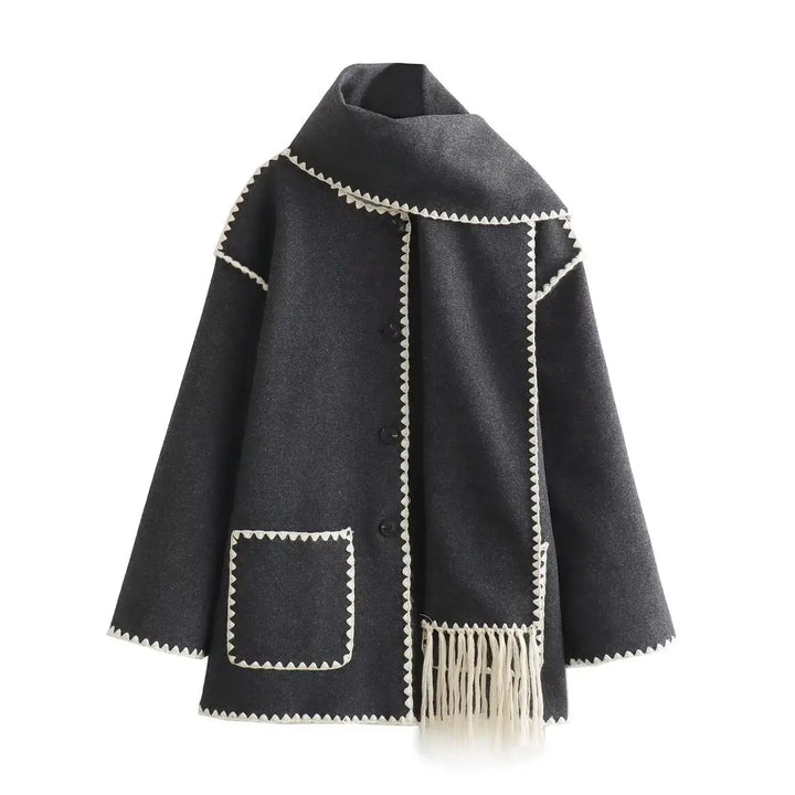 Stylish women's winter coat: wool blend wrap style with decorative fringe hem, full length view
