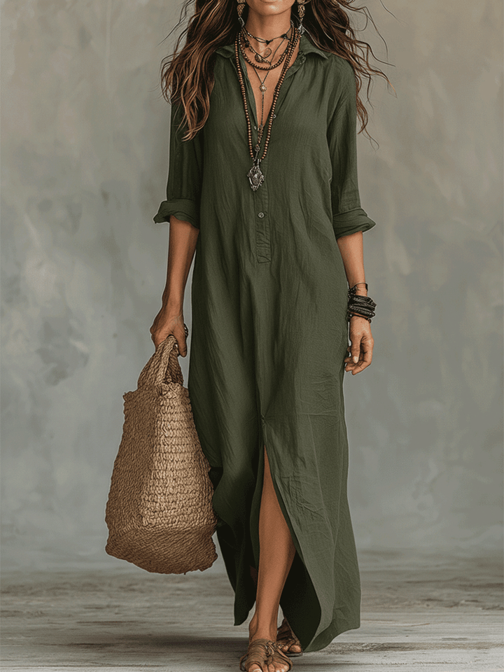 Flowy bohemian button-front maxi dress for women, offering comfortable and stylish summer fashion wear.