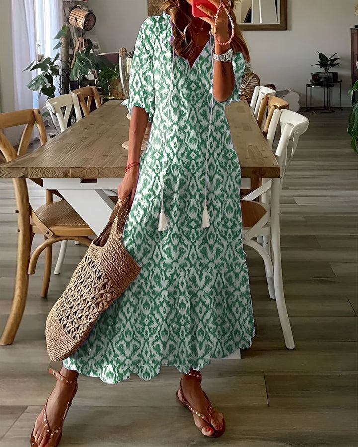 Bohemian floral maxi dress for women, ideal for summer vacations & casual wear. Comfortable & flowy.