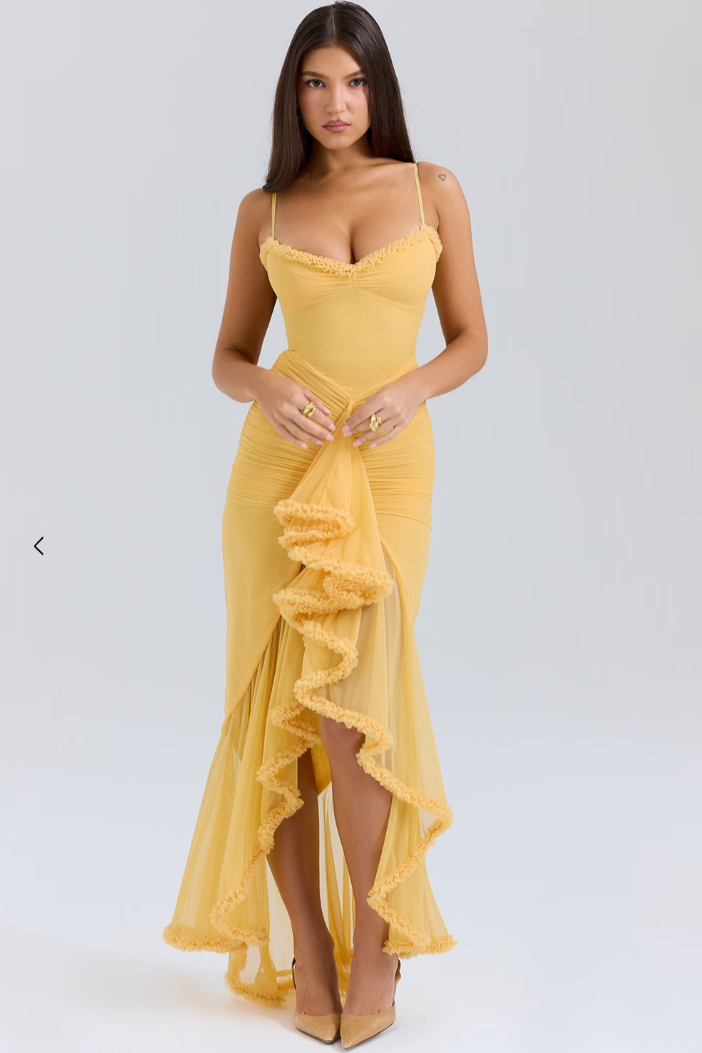 Elegant Women's Chic Ruffle Maxi Wedding Guest Dress with flattering fit for special occasions.