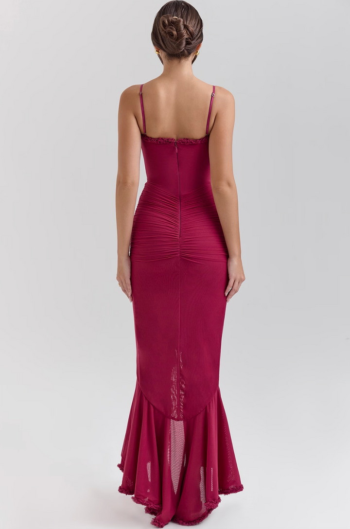 Sweetheart neckline Ruffle Maxi Dress, elegant women's wedding guest attire for formal events.