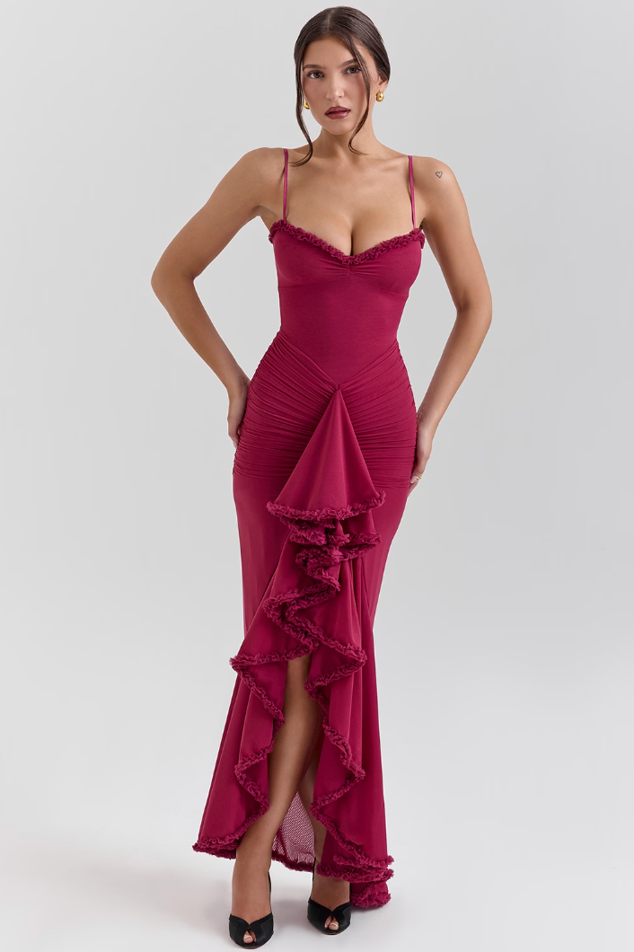 Flattering Women's Maxi Wedding Guest Dress with elegant sweetheart neckline and flowing ruffles.