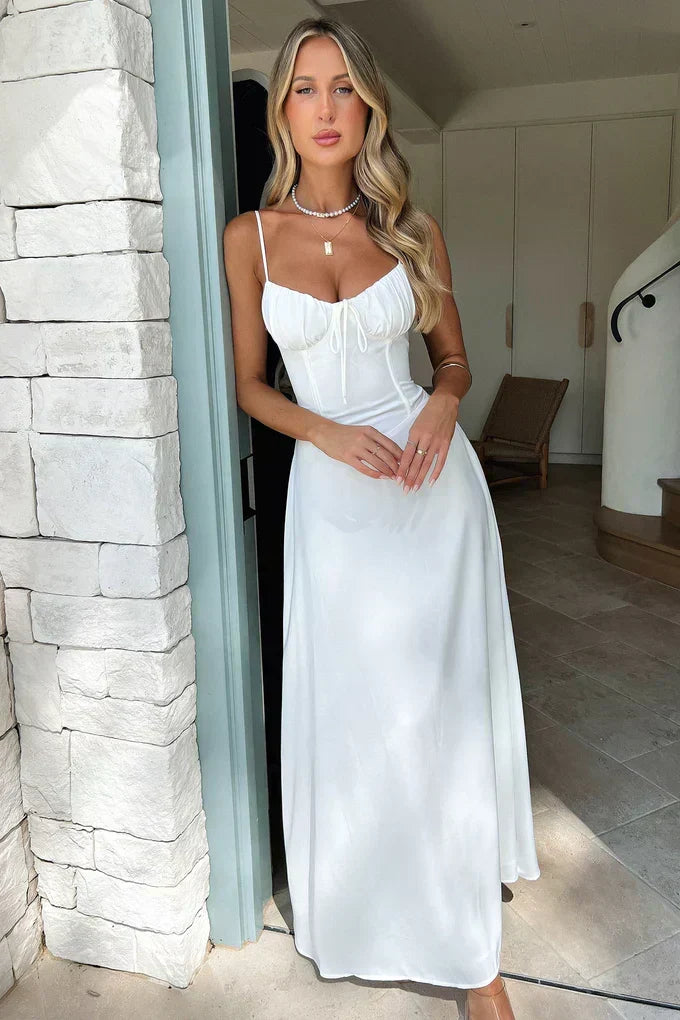 Stunning blue corset sweetheart maxi dress, a chic choice for a wedding guest or evening event.