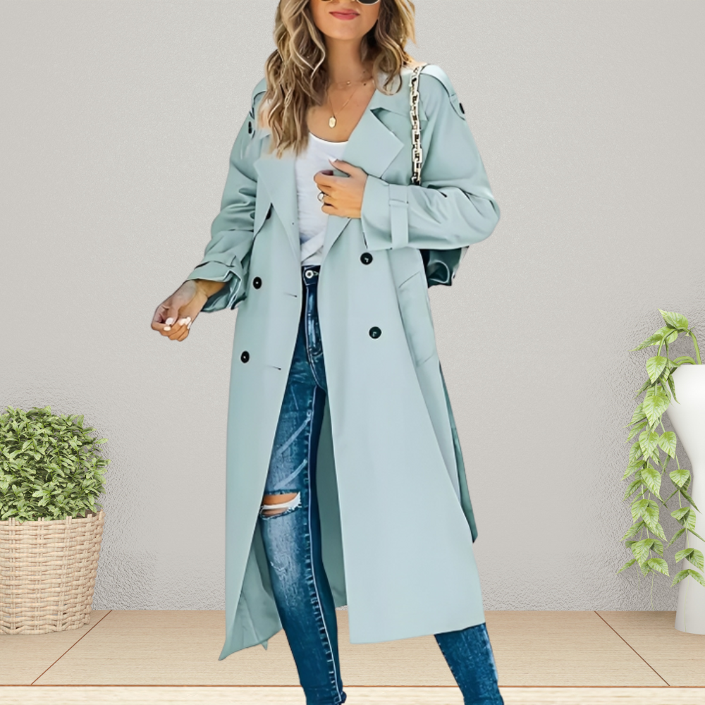 Classic women's trench coat, double-breasted, ideal for elegant office wear or transitional fall/spring fashion.