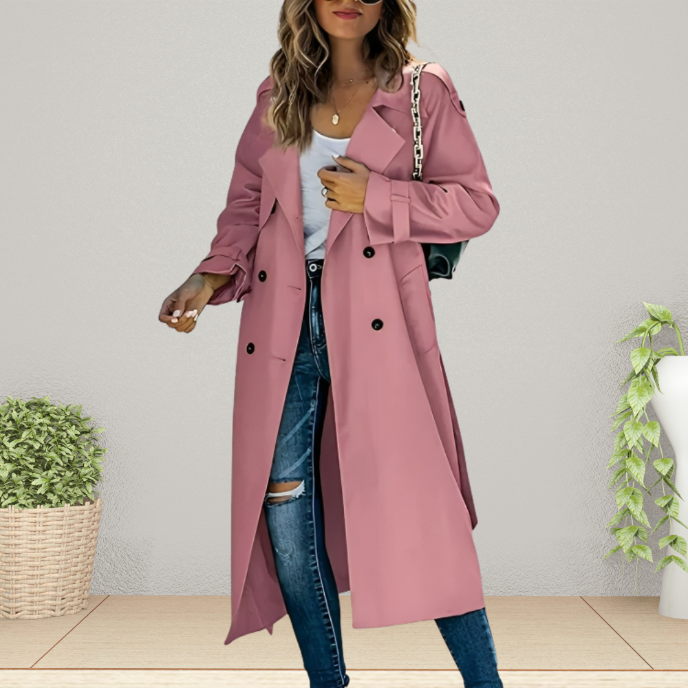 Stylish women's double-breasted trench coat, elegant outerwear for versatile transitional fall & spring outfits.