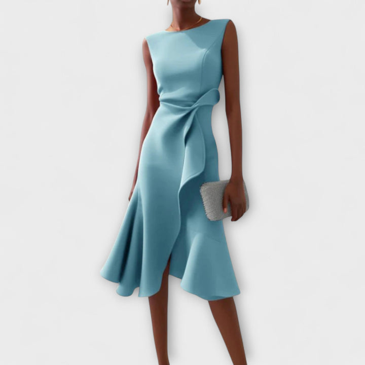 Draped women's midi dress with an elegant asymmetric ruffle design, suitable for formal & special events.