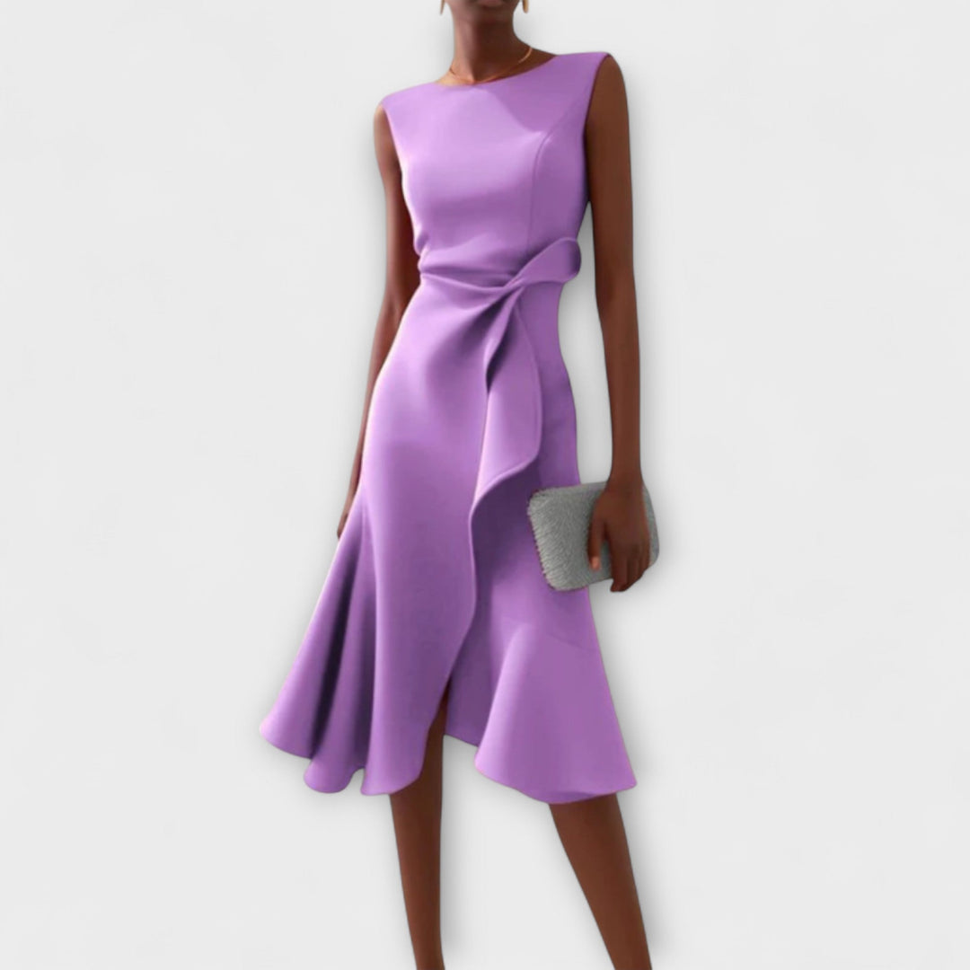 Women's full-length view of a formal draped asymmetric ruffle midi dress for elegant special occasions.