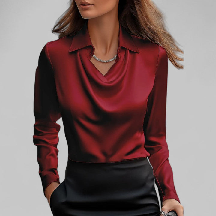 Formal women's long sleeve satin blouse with a graceful draped neckline.