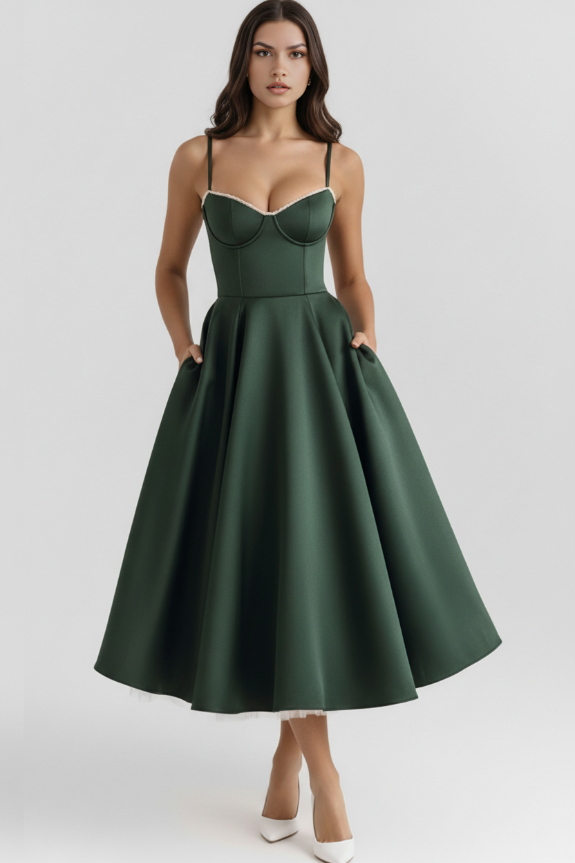 Sophisticated Enchanting Grace midi dress, perfect for summer celebrations & cocktail parties.