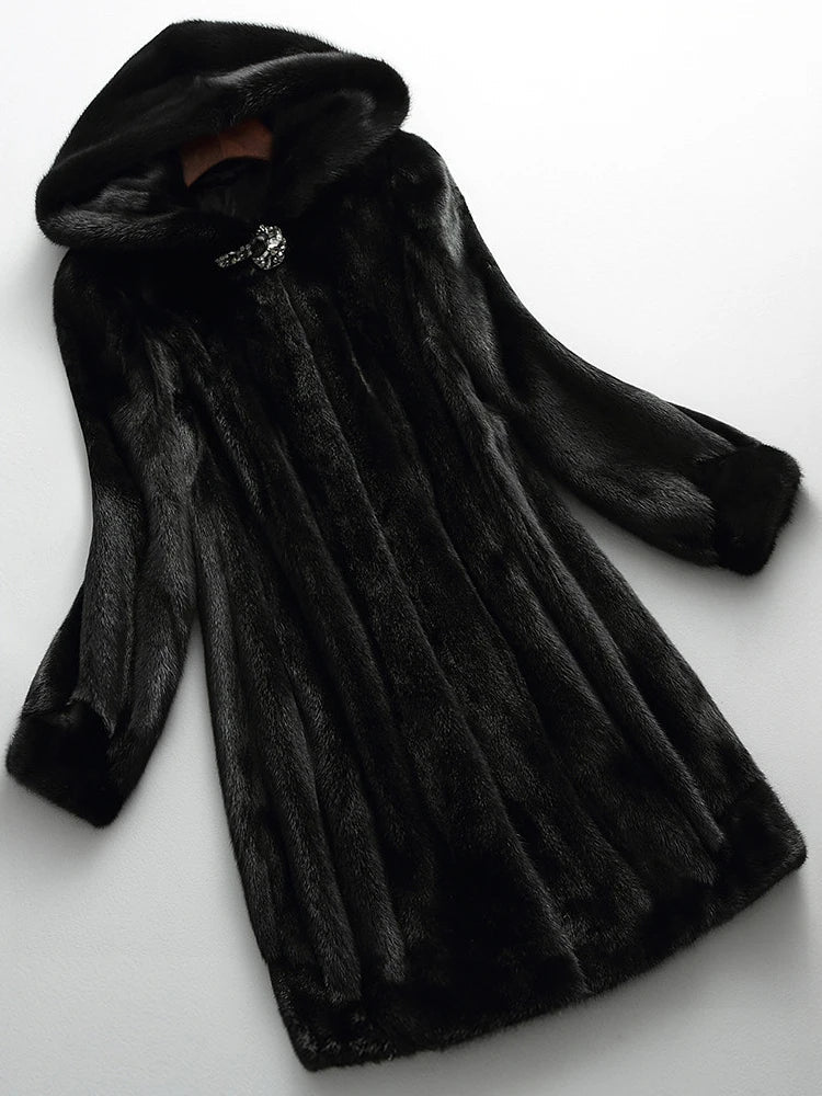 Elegant women's faux fur longline winter coat, plush and warm, perfect for cold weather outerwear