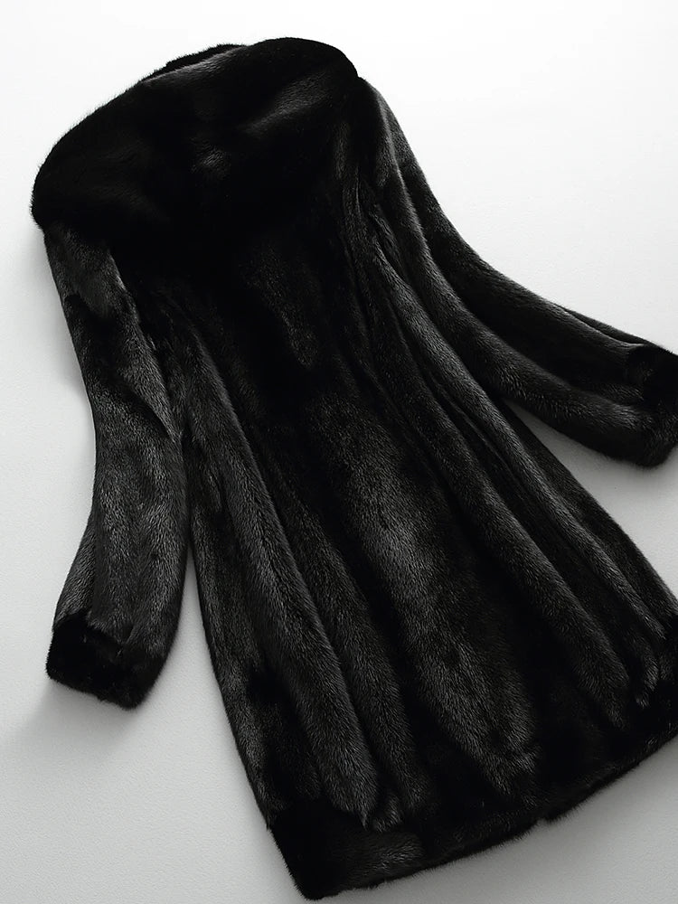 Close-up of a women's luxurious faux fur longline winter coat texture, soft and stylish outerwear