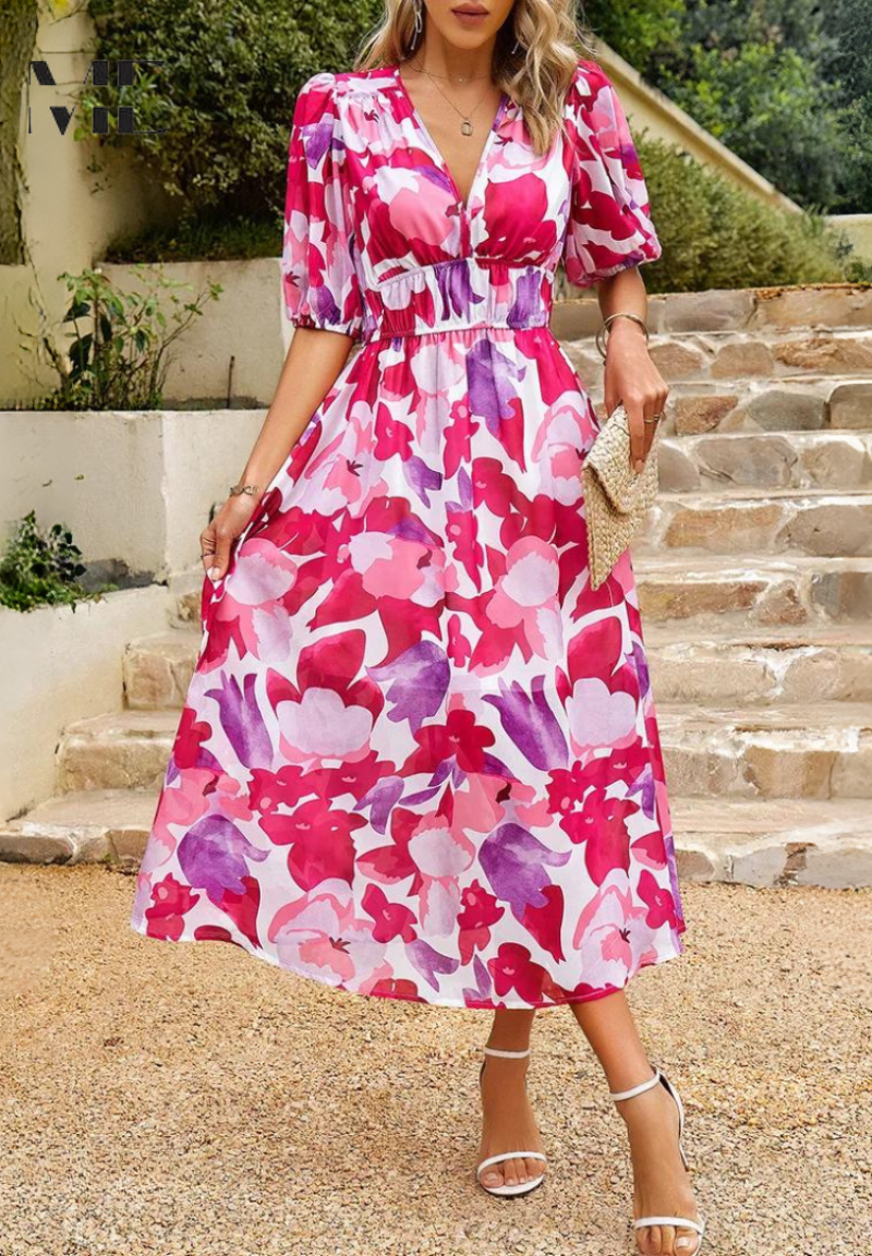 Classic A-line floral midi dress for women, short sleeves, offering versatile summer style.