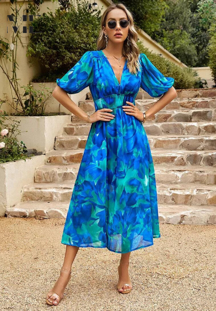 Comfortable short sleeve A-line floral midi dress, a versatile piece for women's summer wardrobe.