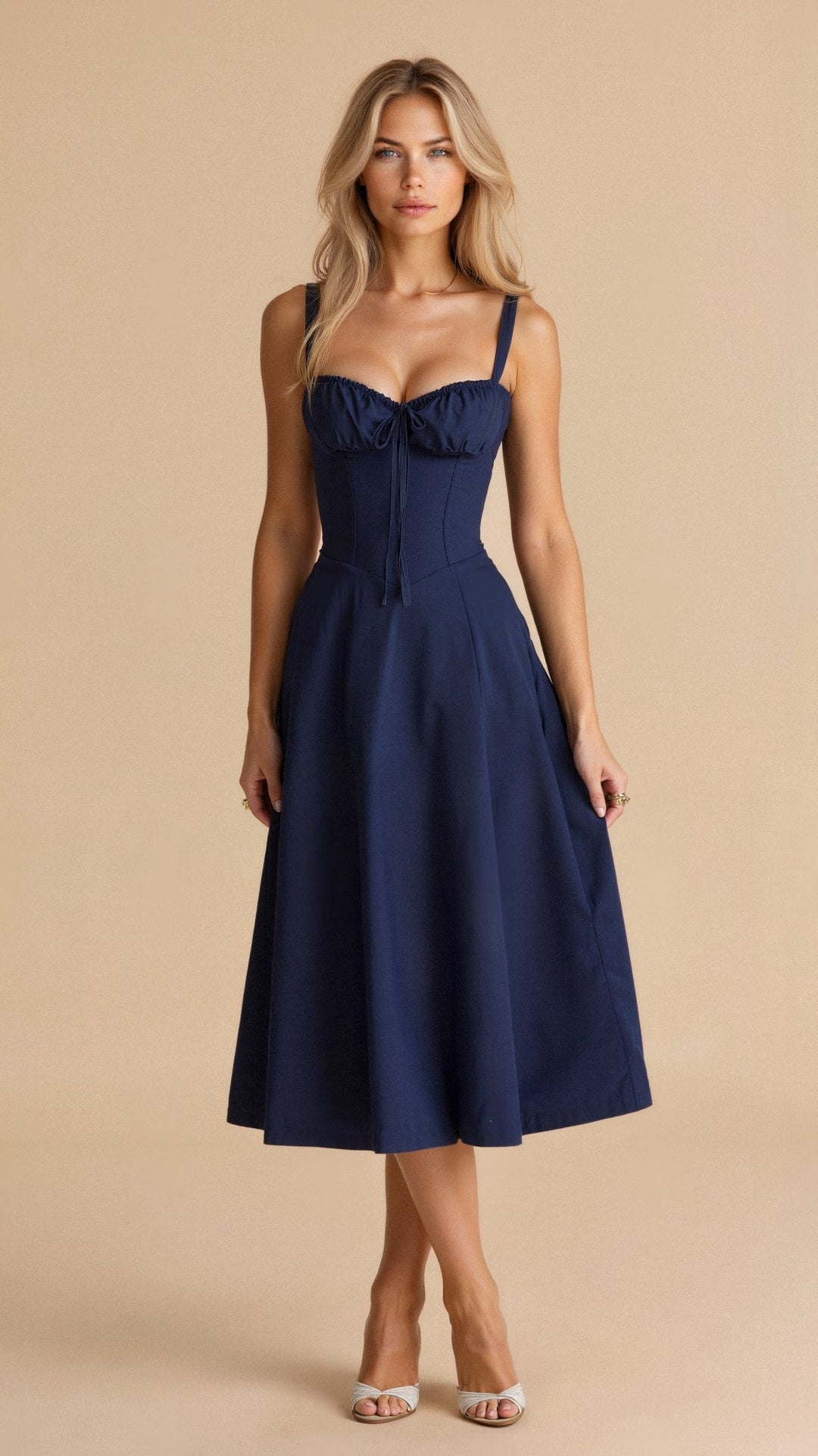 Versatile women's floral midi dress with an elegant corset, strappy details, and a high slit.