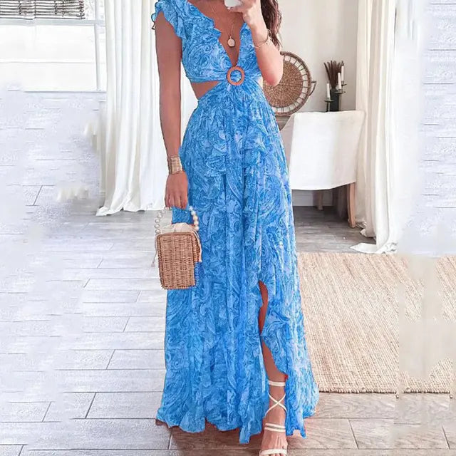 Bohemian style women's floral maxi dress featuring flowy fabric & ruffle sleeves, perfect for spring casual.