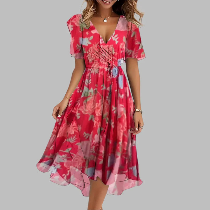 Stylish women's floral print midi dress with flattering ruching & a comfortable, elegant design.