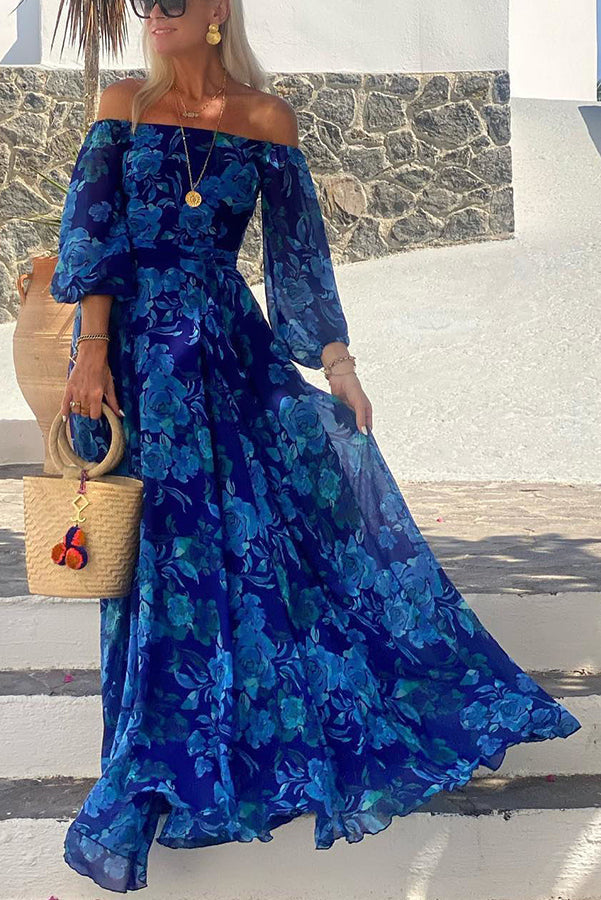 Elegant women's floral off-shoulder maxi dress, perfect for summer evenings & vacation. Flowy and stylish.