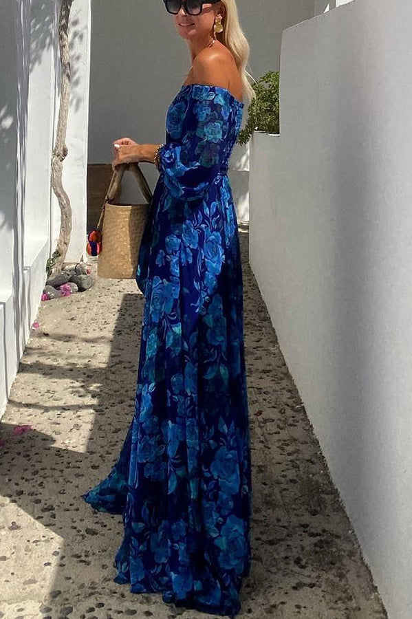 Beautiful women's floral print off-shoulder maxi dress with a flowing silhouette. Great for beach or garden party.