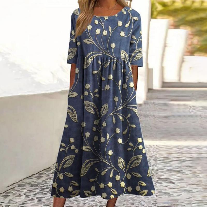 Flowy floral midi dress for women, ideal for casual summer days or spring events.