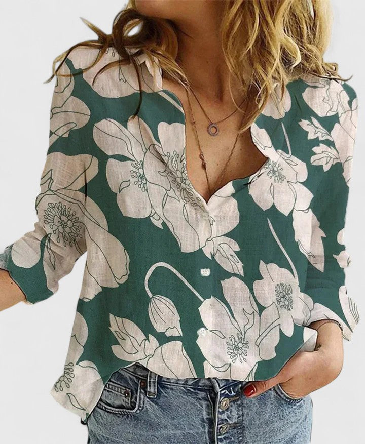 Comfortable women's floral print V-neck long sleeve blouse. Elegant casual wear & everyday style women's top.