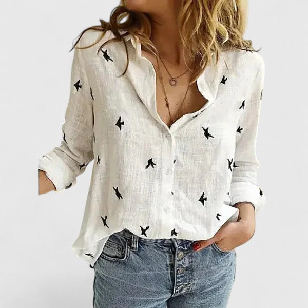 Elegant women's floral V-neck long sleeve blouse. Sophisticated fashion top for women's casual & office style.