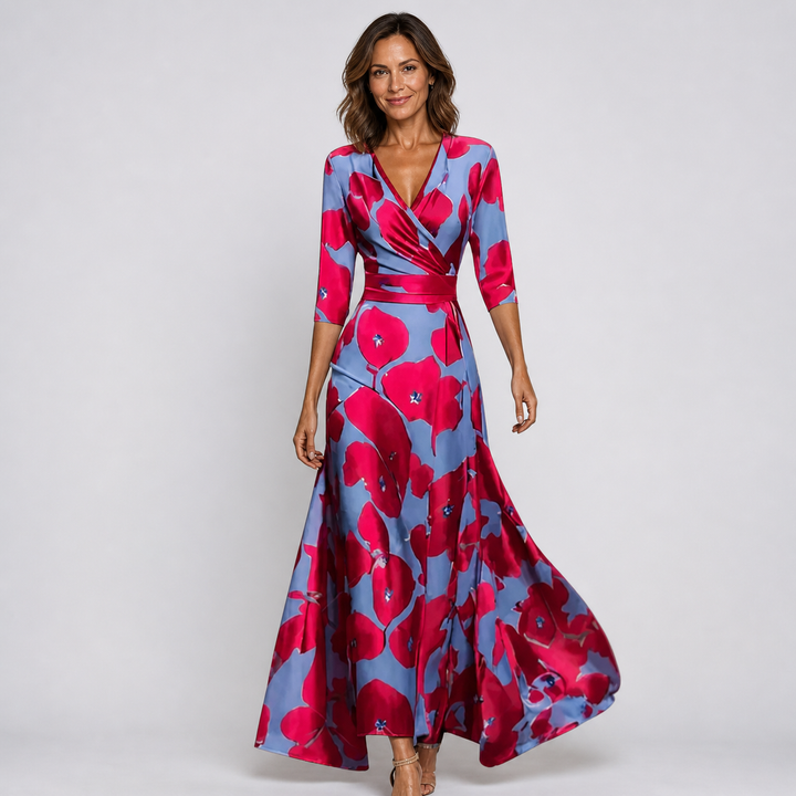 Chic women's floral V-neck wrap maxi dress. Elegant summer fashion, ideal for parties and special occasions.