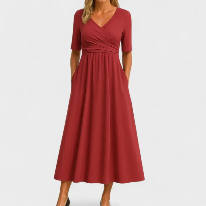 Elegant women's flowy V-neck midi dress, perfect for wedding guests, parties, and special summer occasions.