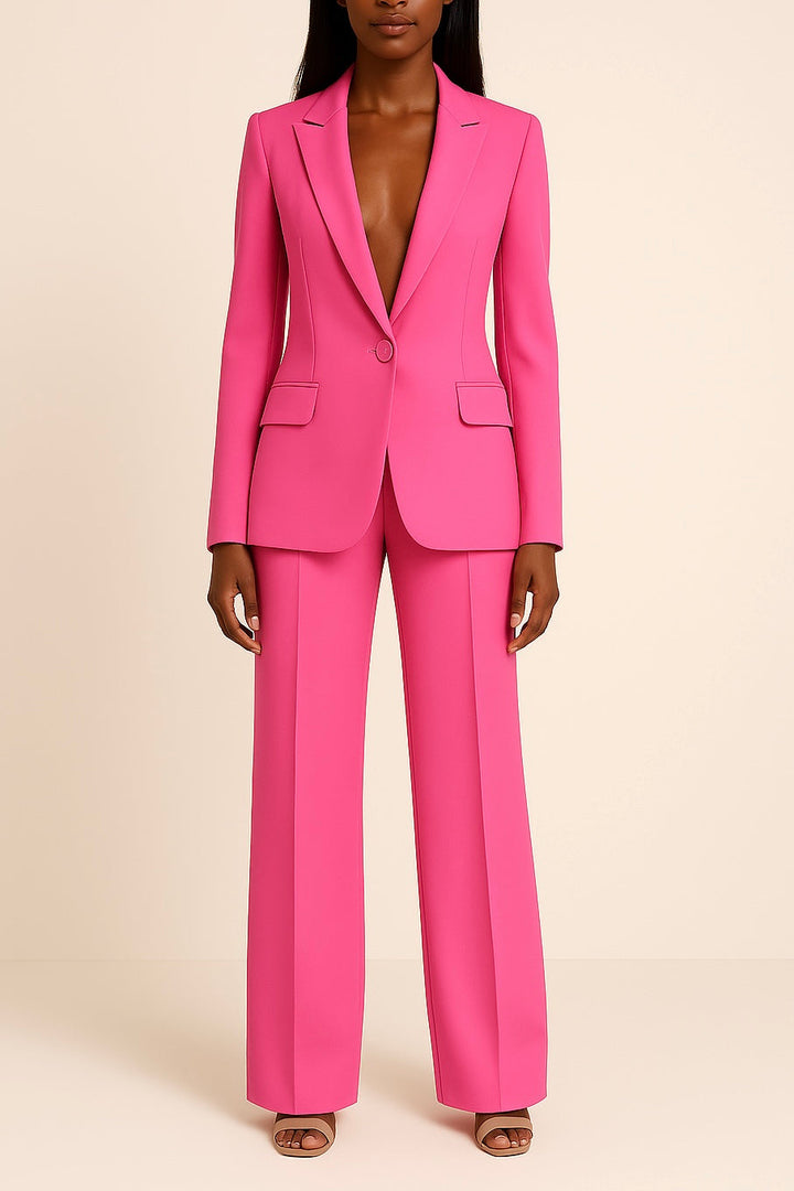 Chic two-piece women's suit with a long, sophisticated blazer and matching tailored straight-leg pants.