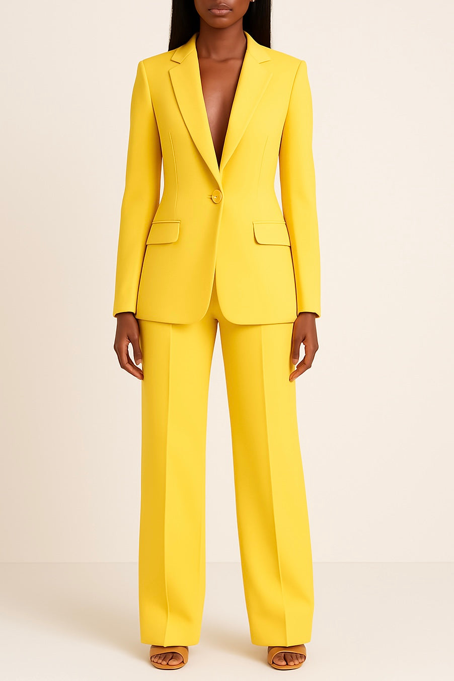 Sophisticated women's elegant suit set, featuring a structured long blazer and tailored slim-fit trousers.