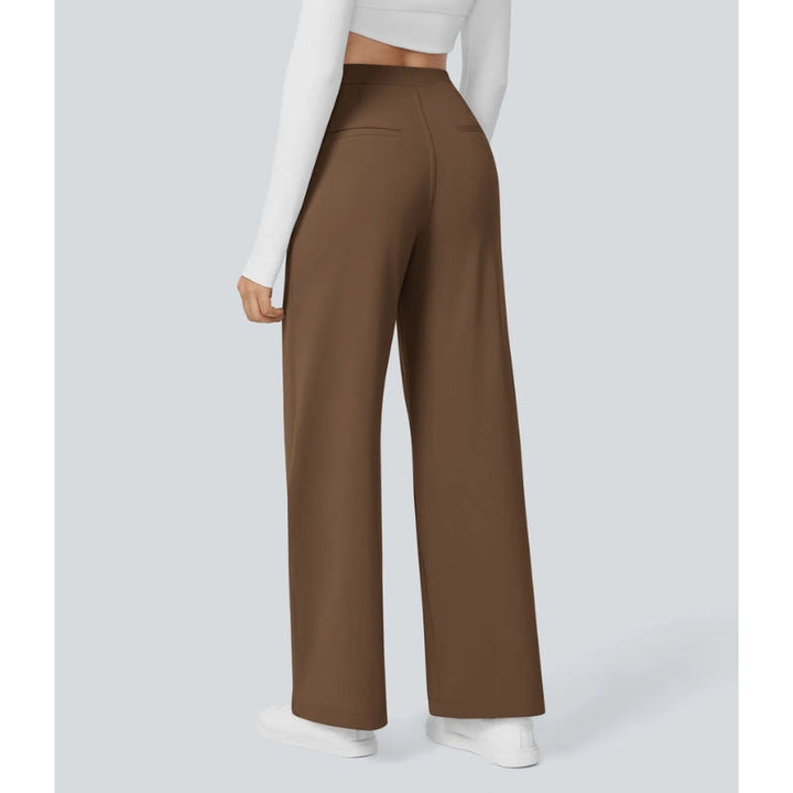 Back view of women's high waisted wide leg tailored pants, highlighting the flattering fit.