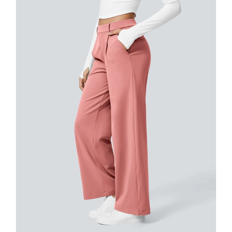 Detail of the high waistband and wide leg cut on these women's tailored business casual pants.
